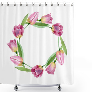 Personality  Pink Tulips Floral Botanical Flowers. Watercolor Background Illustration Set. Frame Border Ornament Square. Shower Curtains