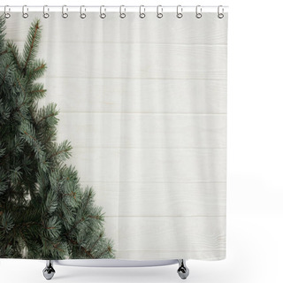 Personality  Top View Of Beautiful Green Fir Twigs On White Wooden Background       Shower Curtains