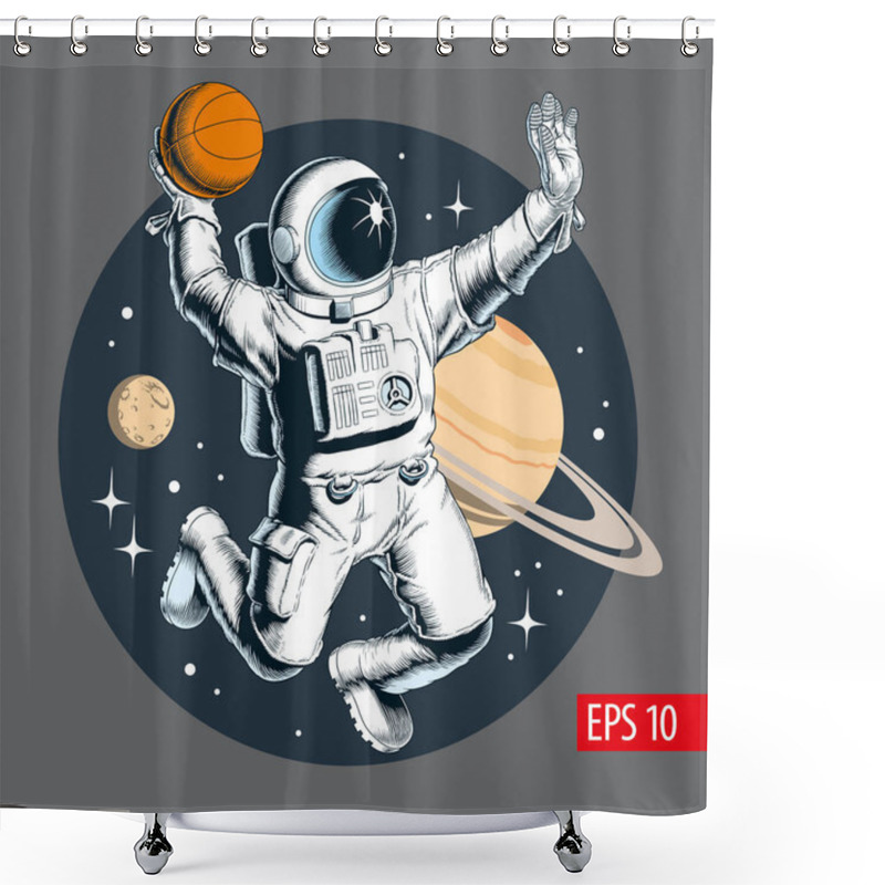 Personality  Astronaut Playing Basketball In Space. Vector Illustration. Shower Curtains