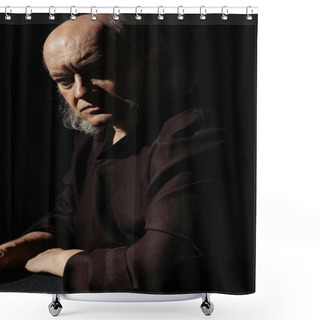 Personality  Strict And Thoughtful Priest Looking At Camera Isolated On Black Shower Curtains
