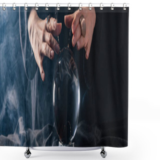 Personality  Cropped View Of Witch Performing Ritual With Crystal Ball On Black, Panoramic Shot Shower Curtains