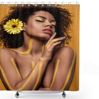 Personality  Young Sensual African American Woman With Artistic Make-up And Gerbera In Hair Isolated On Orange Background Shower Curtains