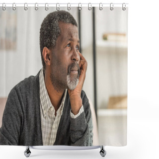 Personality  Depressed, Senior African American Man Holding Hand Near Face And Looking Away Shower Curtains