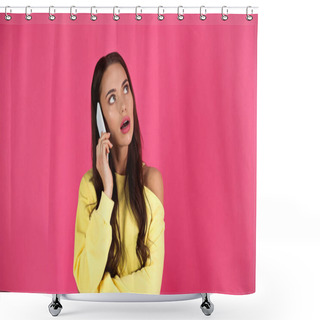 Personality  Thoughtful Young Adult Woman With Open Mouth Speaking On Cellphone Isolated On Pink  Shower Curtains