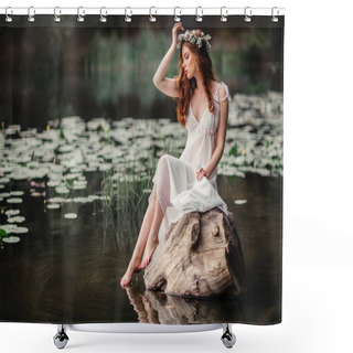 Personality  Beautiful Red Haired Girl In White Vintage Dress And Wreath Of Flowers Sitting On The Shore Of River. Fairytale Story. Warm Art Work. Shower Curtains