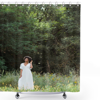 Personality  Selective Focus Of Beautiful African American Girl Touching Curly Hair In Field With Wildflowers  Shower Curtains