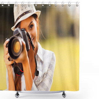 Personality  Attractive Young Woman Taking Pictures Shower Curtains