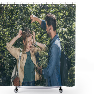 Personality  Young Man Helping Girlfriend To Get Out Of Tree Branches In Park Shower Curtains
