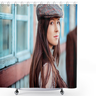 Personality  Young Woman Wearing Tweed Flat Cap Old Fashioned Portrait Brown Clothes. Shower Curtains