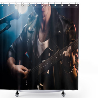 Personality  Partial View Of Male Musician Singing In Microphone And Playing On Electric Guitar On Stage During Rock Concert  Shower Curtains