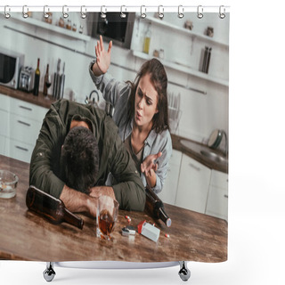 Personality  Angry Woman Quarreling With Drunk Husband With Alcohol Addiction On Kitchen Shower Curtains