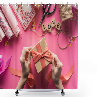 Personality  Partial View Of Woman Decorating Gift Box With Ribbon Near Valentines Handiwork Supplies On Pink Background Shower Curtains
