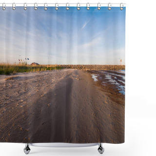 Personality  Rocky Seashore At Sunset. Clear Blue Evening Sky With White Clouds And Plane Tracks. Baltic Sea, Ruhnu Island, Estonia Shower Curtains