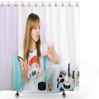 Personality  Teenager Girl Blowing On Painted Nails Horizontal Shower Curtains