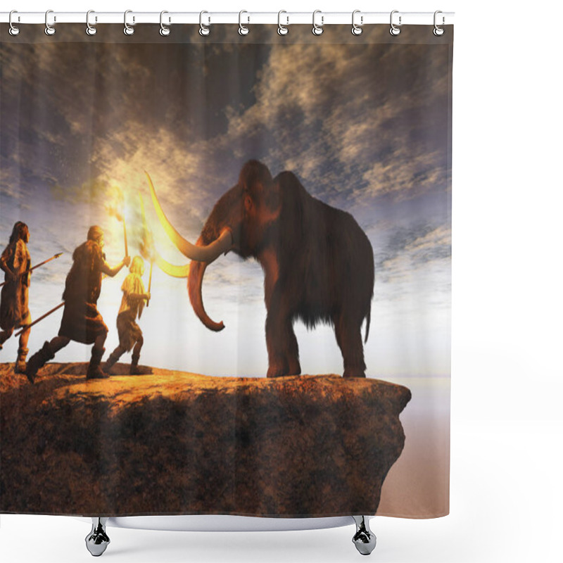 Personality  Prehistoric men hunting a young mammoth shower curtains