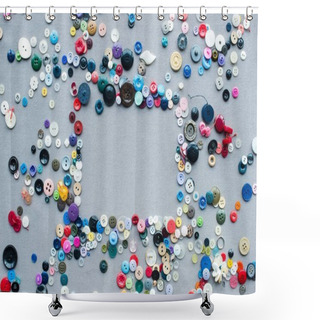 Personality  Top View Of Colorful Buttons Frame On Grey Cloth Background Shower Curtains