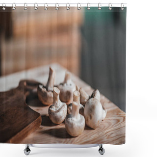 Personality  Mushrooms Laying On Wooden Table Shower Curtains
