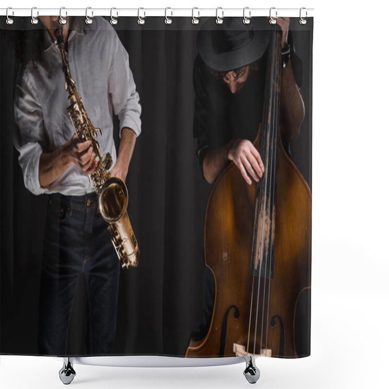 Personality  duet of jazzmen playign cello and sax on black shower curtains
