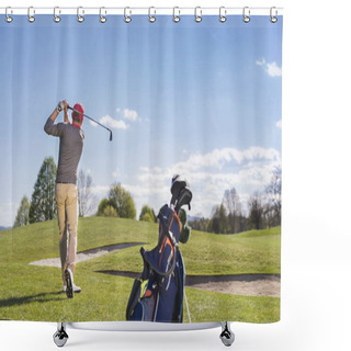 Personality  Young Man Playing Golf On Course. Shower Curtains