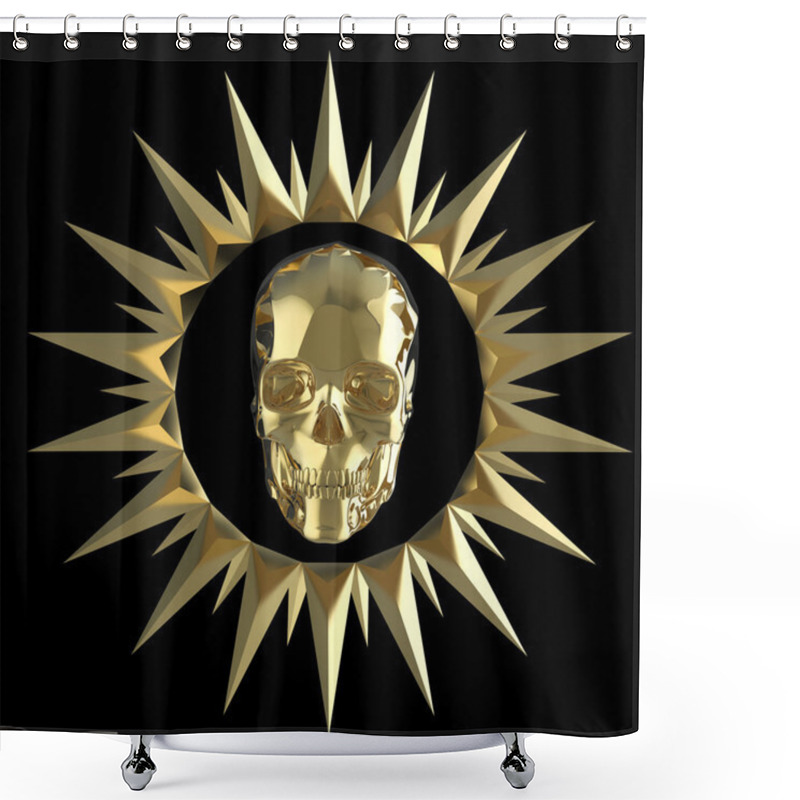 Personality  Shiny Gold Metal Skull On Matte Golden Plate With   Spikes Around,isolated  Black, Pirates Crest. Render Shower Curtains