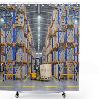 Personality  Forklift Truck In Warehouse Or Storage And Shelves With Cardboard Boxes. 3d Illustration Shower Curtains