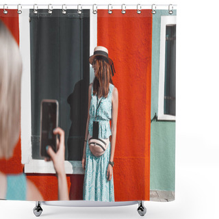 Personality  Two Travel Girls Making Photo Each Other On Burano Island, Venice, Italy. Shower Curtains