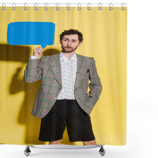 Personality  Trendy Man In Jacket And Shorts Holding Speech Bubble On Yellow Background  Shower Curtains