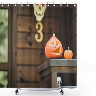 Personality  Carved Pumpkin And Spooky Skull On Porch Fence Of Wooden Cottage Shower Curtains