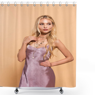 Personality  Elegant Blonde Woman In Violet Satin Dress And Necklace Posing With Hand On Hip Isolated On Beige Shower Curtains