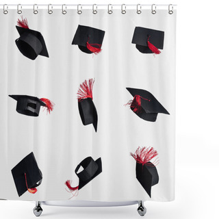 Personality  Black Academic Caps With Red Tassels Isolated On White Shower Curtains