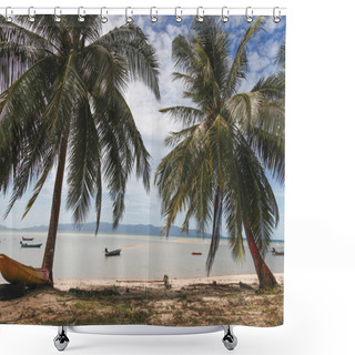 Personality  Fishermen Boats Floating In Water With Palm Trees On Foreground Shower Curtains