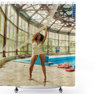 Personality  Young Curly African American Model In Swimsuit Standing Near Net By Swimming Pool With Blue Water Shower Curtains