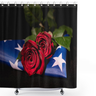 Personality  Red Roses And American Flag On Black Background, Funeral Concept Shower Curtains