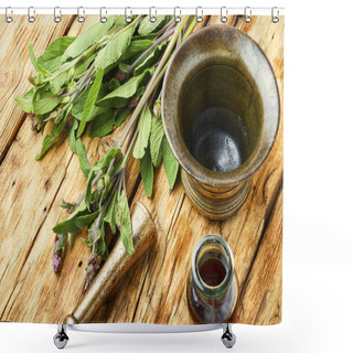 Personality  Sage Leaves Or Salvia On Rustic Wooden Table.Healing Herbs Shower Curtains
