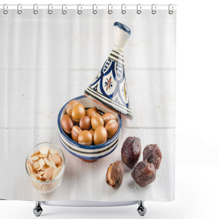 Personality  Argan Fruit On Wooden Tabletop Shower Curtains