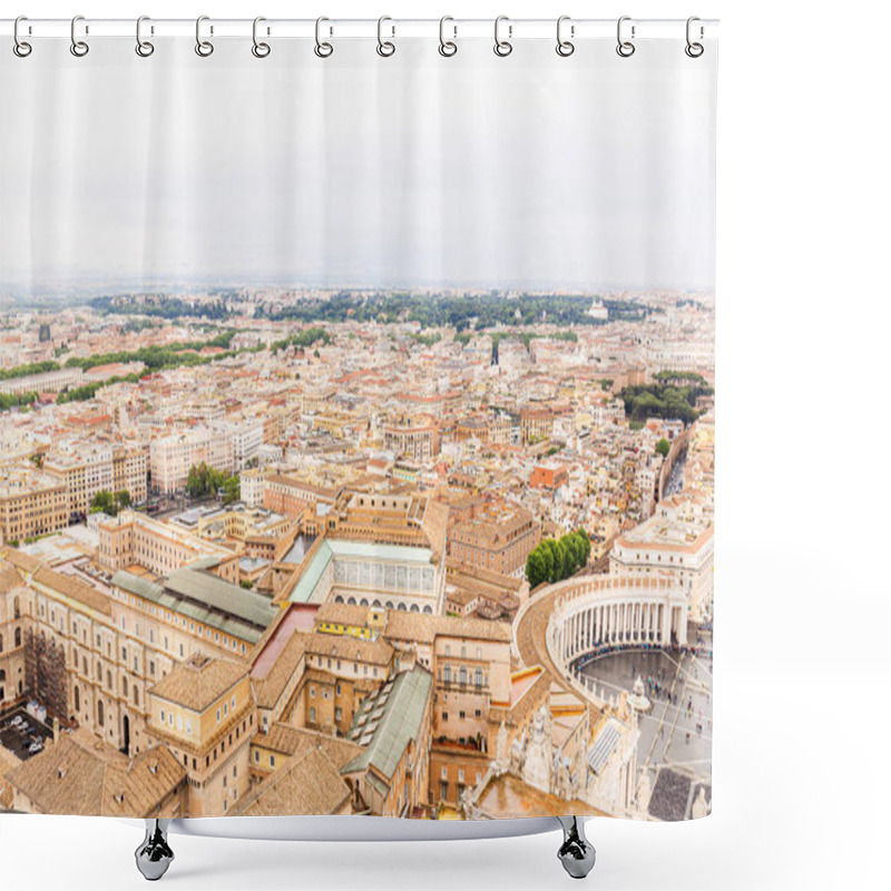 Personality  ROME, ITALY - JUNE 28, 2019: Aerial View Of Tourists Near Buildings And Trees Under Grey Sky  Shower Curtains