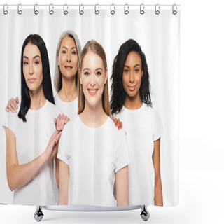 Personality  Happy Multicultural Women In White T-shirts Looking At Camera Isolated On White  Shower Curtains