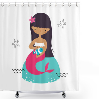Personality  Mermaid With Black Hair Sitting On Boulder Vector Illustration Shower Curtains