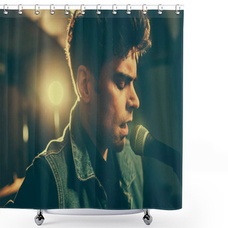 Personality  Close Up Of Handsome Musician Singing In Microphone  Shower Curtains