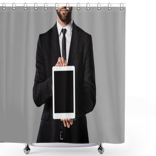 Personality  Partial View Of Businessman In Black Suit Showing Digital Tablet With Blank Screen Isolated On Grey Shower Curtains