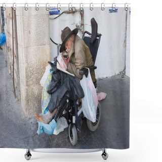 Personality  Homeless Man In Wheelchair Shower Curtains