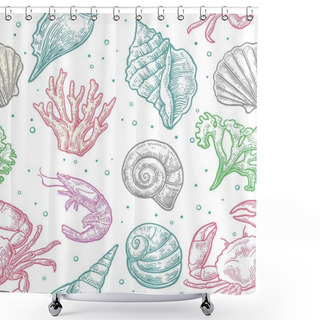 Personality  Seamless Pattern Sea Shell, Coral, Crab And Shrimp. Vector Engraving Vintage Illustrations. Isolated On White Background Shower Curtains