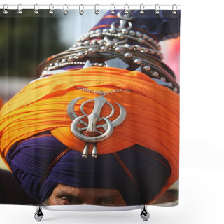 Personality  Nihang Or Sikh Religious Soldier With Tall Decorative Headgear Or, 300th Year Of Consecration Of Guru Granth Sahib On 30th October 2008 At Sachkhand Saheb Gurudwara, Nanded, Maharashtra, India    Shower Curtains