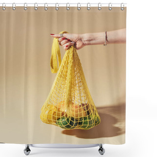 Personality  Partial View Of Person Holding String Bag With Fresh Tropical Fruits On Brown    Shower Curtains