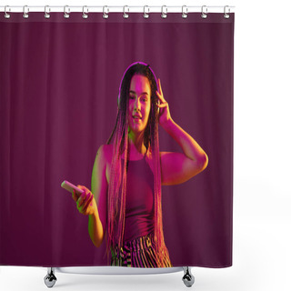 Personality  Portrait Of Young Caucasian Woman On Pink Background With Copyspace, Unusual And Freaky Appearance Shower Curtains