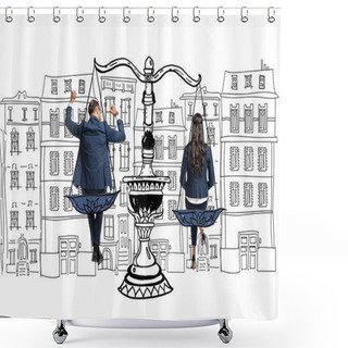 Personality  Back View View Of Businessman And Businesswoman Sitting On Balance Scales Isolated On White Shower Curtains