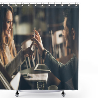 Personality  Fashionable Couple At The Bar Using A Smart Phone Shower Curtains