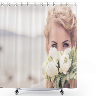 Personality  Happy Beautiful Girl In A Wedding Dress With A Bouquet By The Sea Shower Curtains