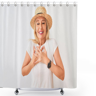 Personality  Middle Age Woman Wearing Casual T-shirt And Hat Standing Over Isolated White Background Smiling With Hands On Chest With Closed Eyes And Grateful Gesture On Face. Health Concept. Shower Curtains