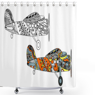 Personality  Airplane With Ethnic Doodle Pattern. Zentangle Inspired Pattern For Anti Stress Coloring Book Pages For Adults And Kids. Black On White And Colored In One Shower Curtains